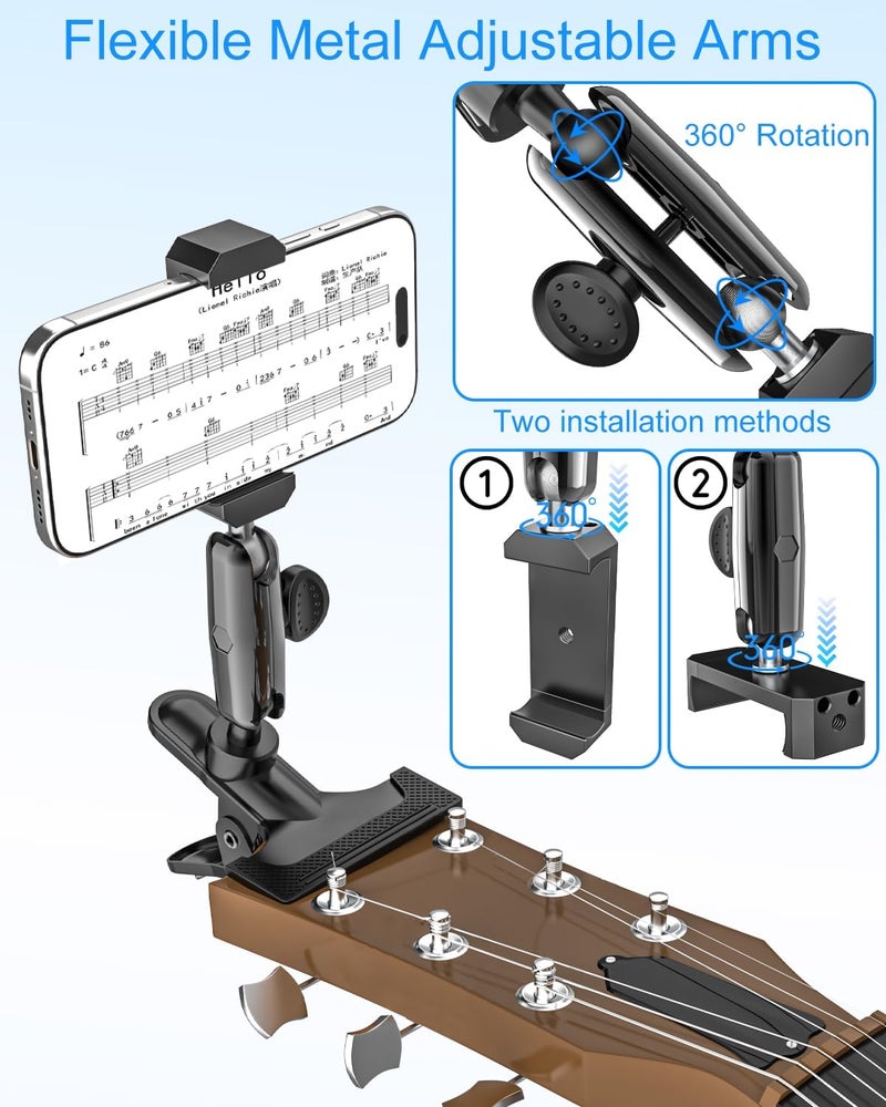 Kolasels Guitar Phone Holder, [Strong Metal Clip] Guitar Phone Mount for Electric Guitar, Ukulele, Bass, Mandolin, Banjo, Sitar, Compatible with iPhone 16 Pro Max, Galaxy and All 4-7" Smartphone - Image 4
